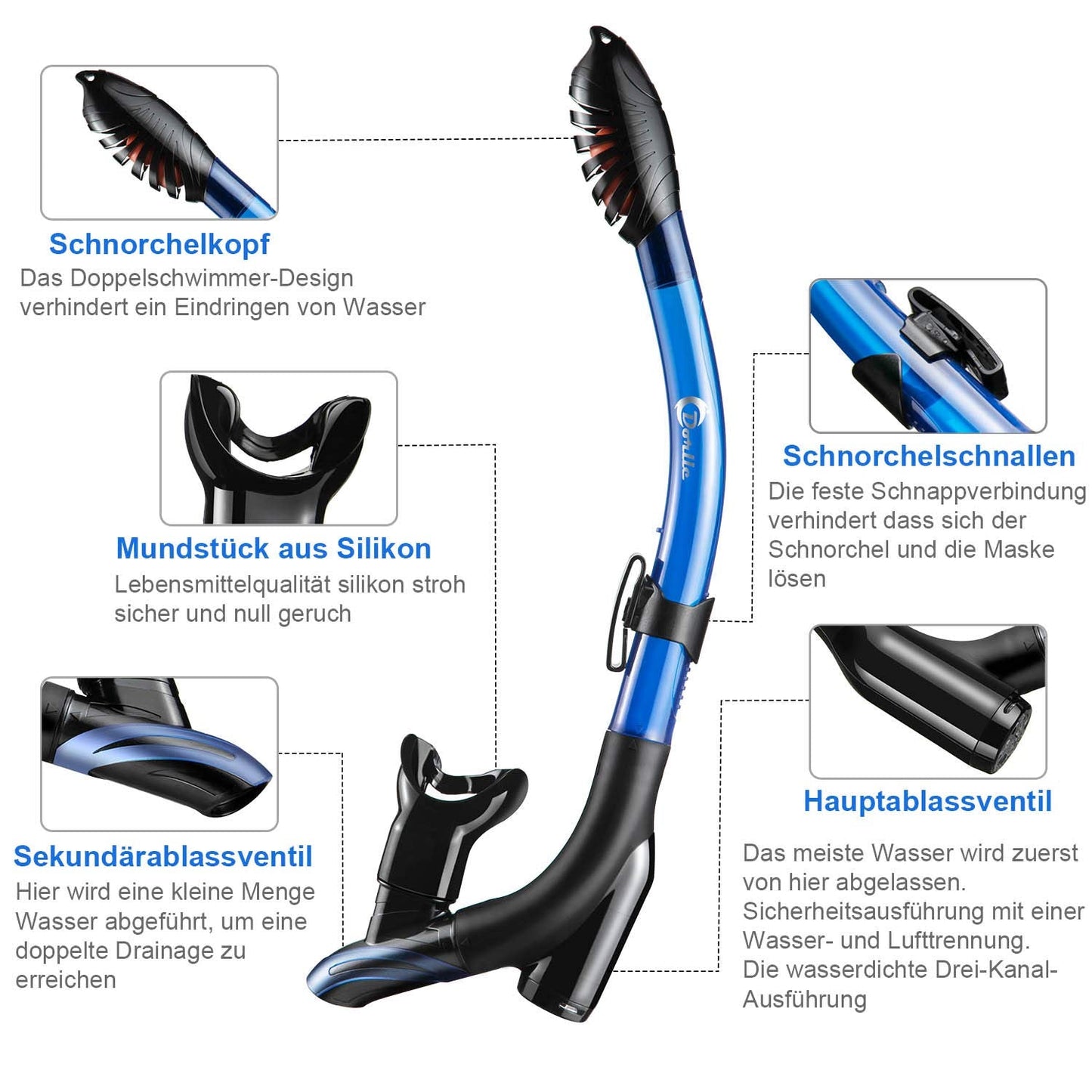 Dorlle Schnorchelset, Anti-Fog & Anti-Leck, mit Dry-Schnorchel, für Erwachsene, Schwarz/Blau