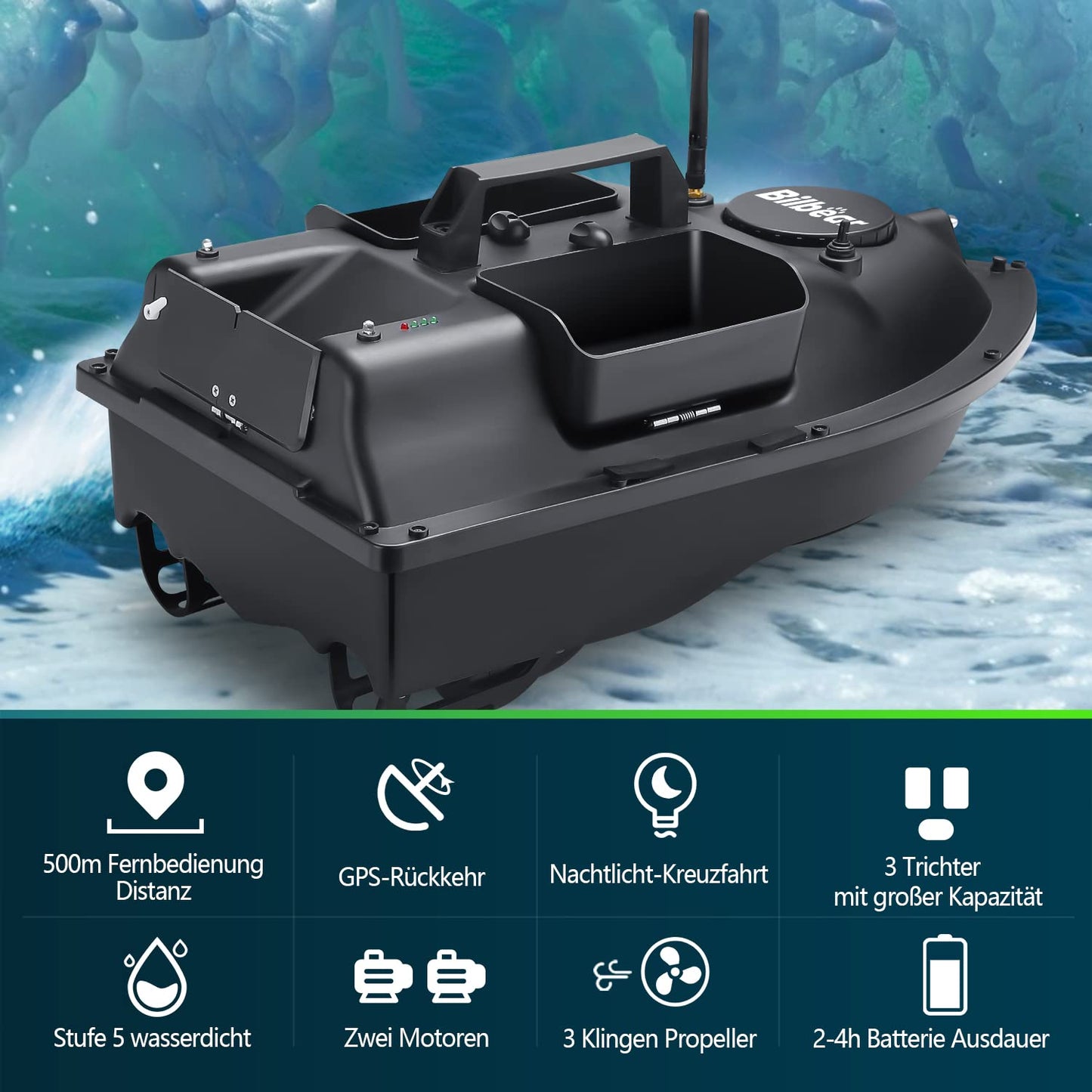 Bilbear Futterboot mit GPS, 3 Klappen und Ersatz-Akku, für Karpfenfischen, Schwarz