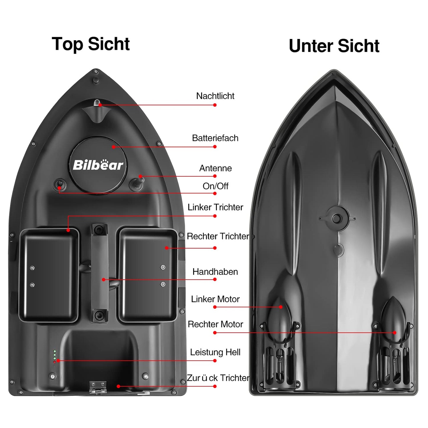 Bilbear Futterboot mit GPS, 3 Klappen und Ersatz-Akku, für Karpfenfischen, Schwarz
