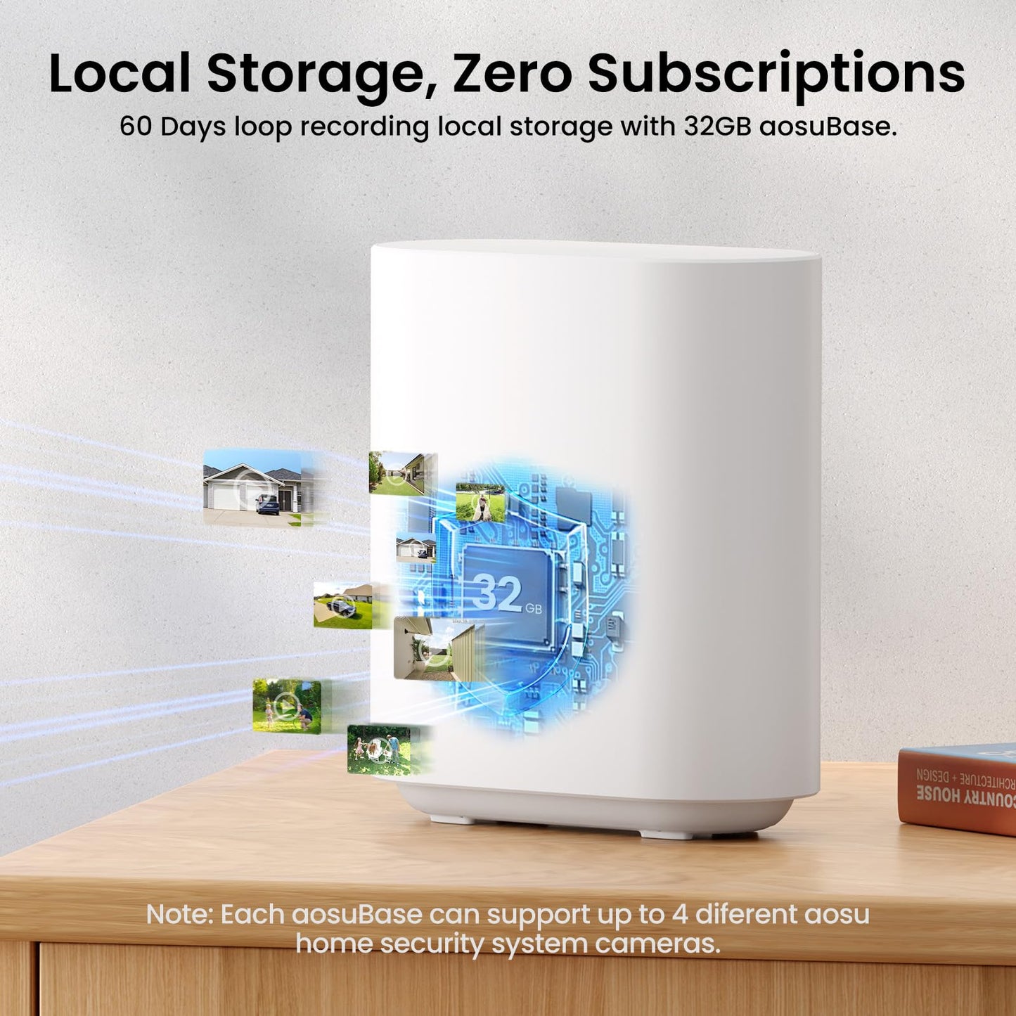 AOSU Solar Security Cameras Wireless Outdoor -Camera Surveillance for Home Security System, 166° Wide View, 32GB aosuBase, Support 2.4G/5G WiFi, 2K Night Vision, 4-Cam Kit, SolarCam Pro System