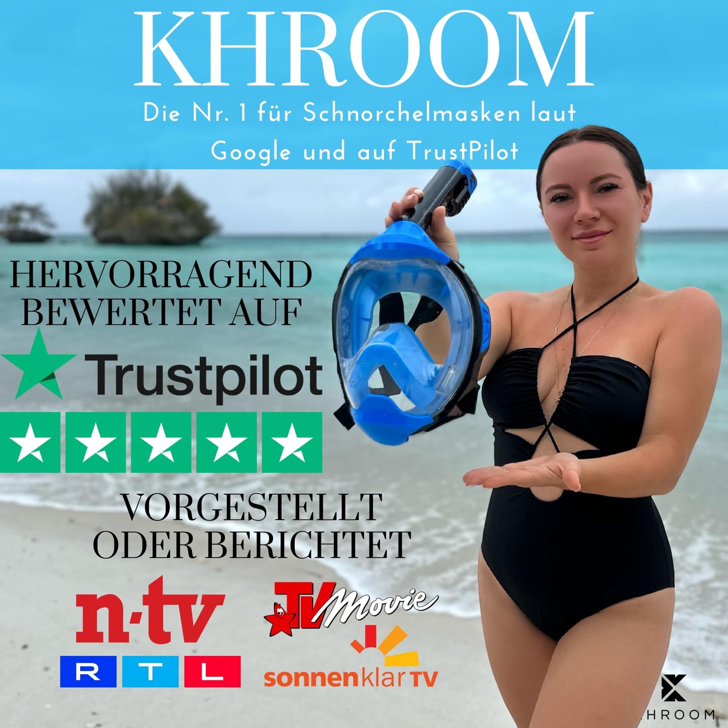 Khroom Seaview Y Vollgesichts-Schnorchelmaske, CO2-sicher, für Erwachsene und Kinder, Türkis L/XL