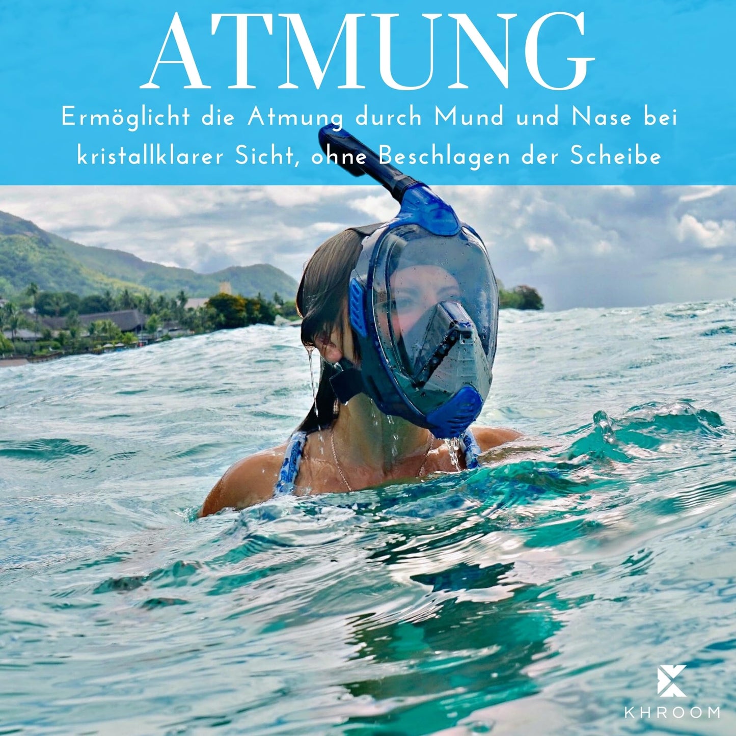 Khroom Seaview X Vollgesichts-Schnorchelmaske, DEKRA CO2-sicher, für Erwachsene und Kinder, L-XL, Blau