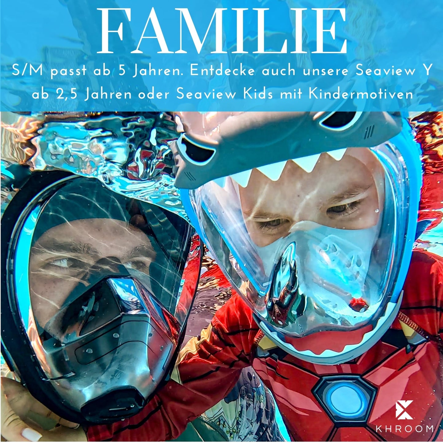 Khroom Seaview X Vollgesichts-Schnorchelmaske, DEKRA CO2-sicher, für Erwachsene und Kinder, L-XL, Blau
