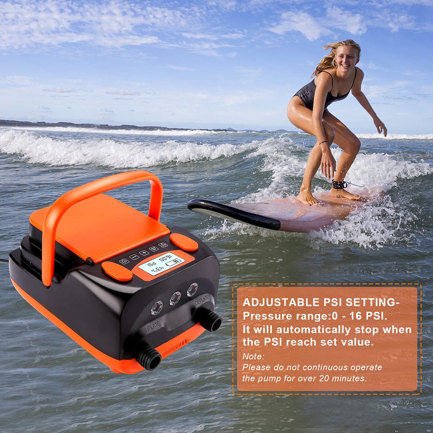 AGPtEK Elektrische SUP Pumpe, 6000mAh, 16 PSI, tragbar und wiederaufladbar