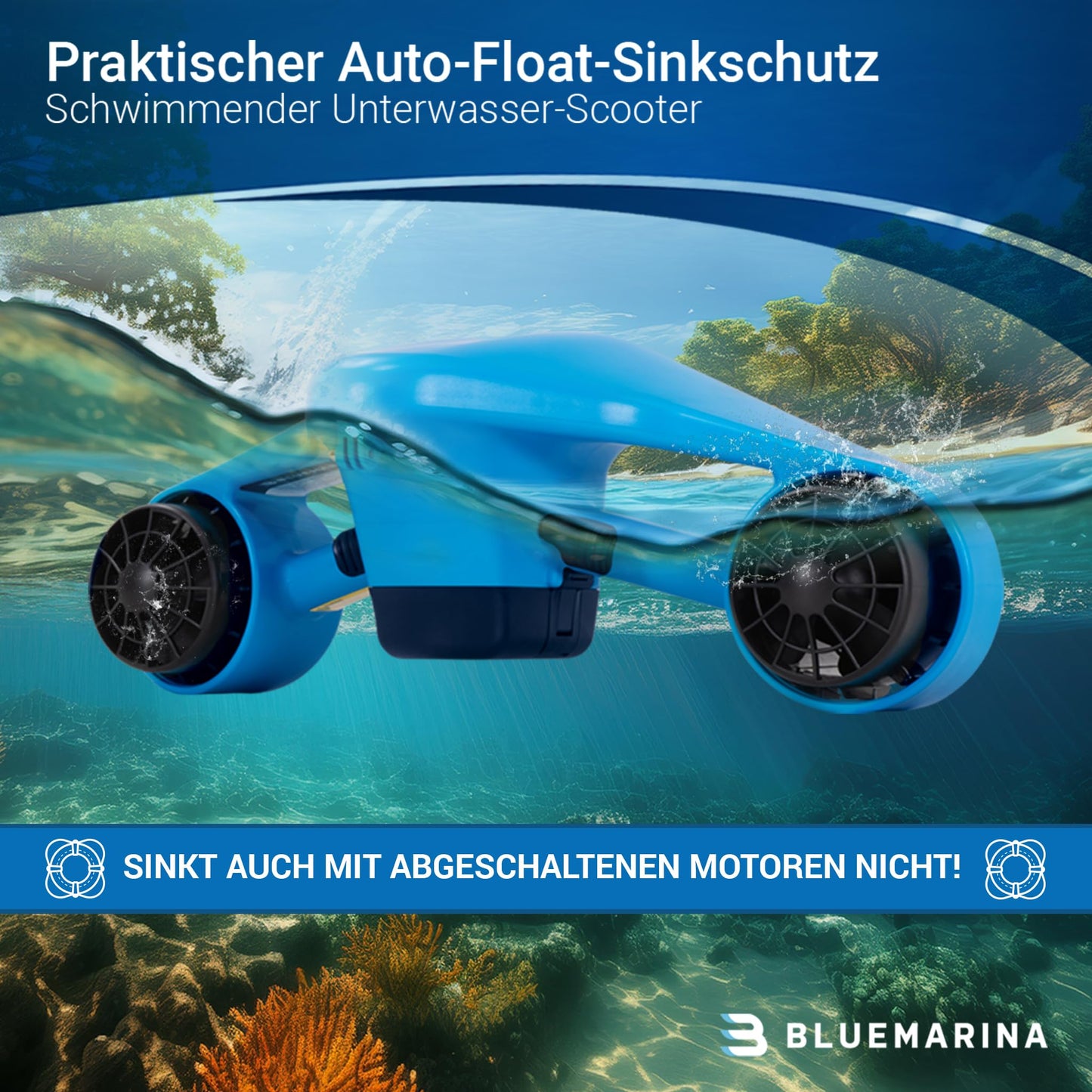 Bluemarina Orca Unterwasserscooter, 2x 500W Motoren, 5.4 km/h, 30 m Tiefe