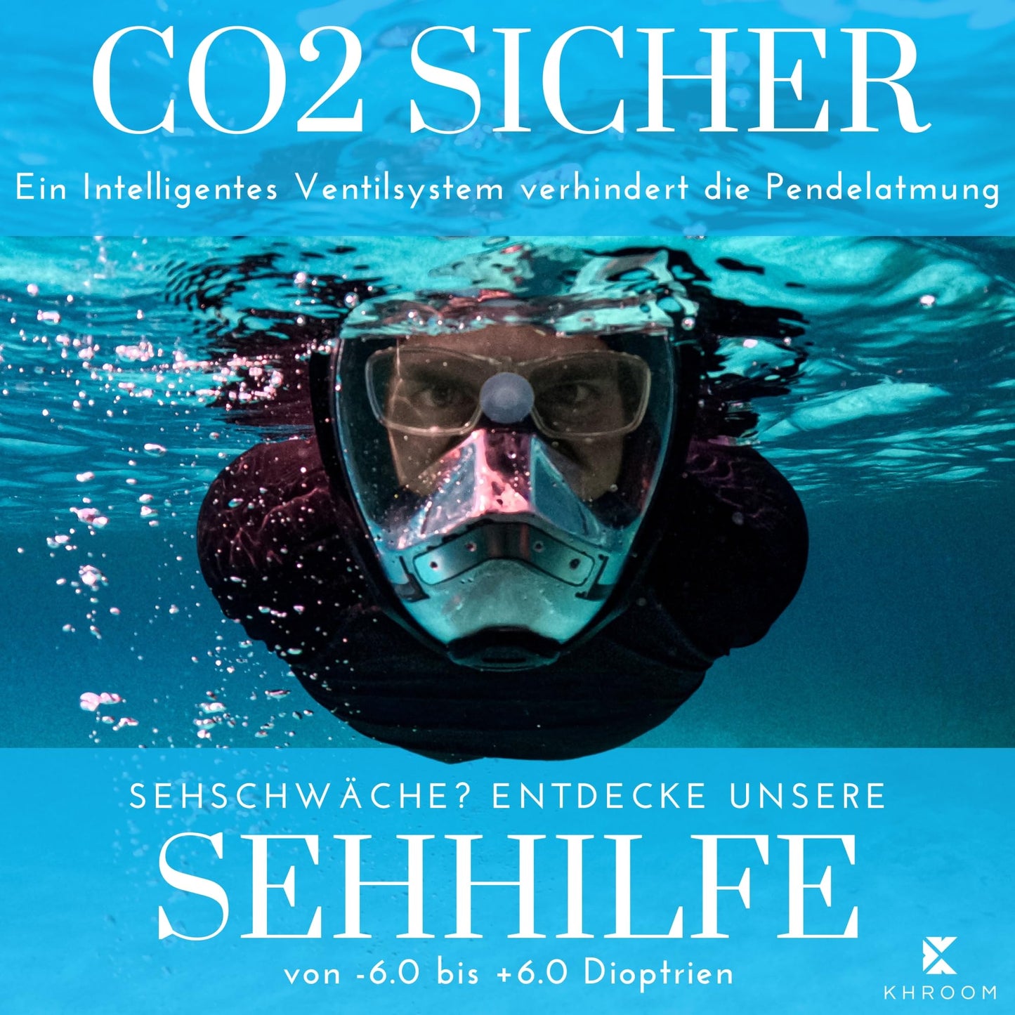 Khroom Seaview Y Vollgesichts-Schnorchelmaske, CO2-sicher, für Erwachsene und Kinder, Türkis L/XL