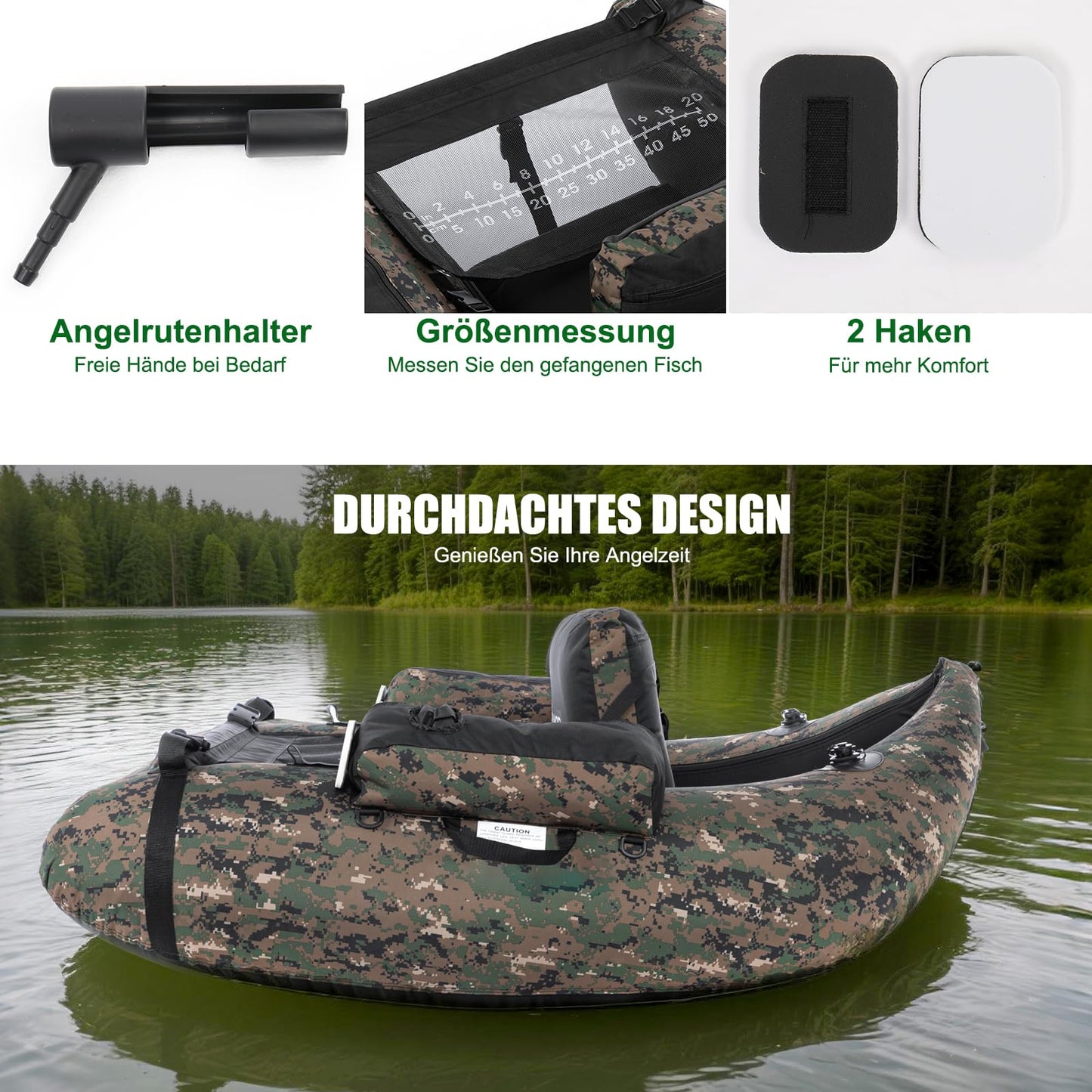 LEADZM aufblasbares Angelboot, Camouflage, 150 kg Tragkraft