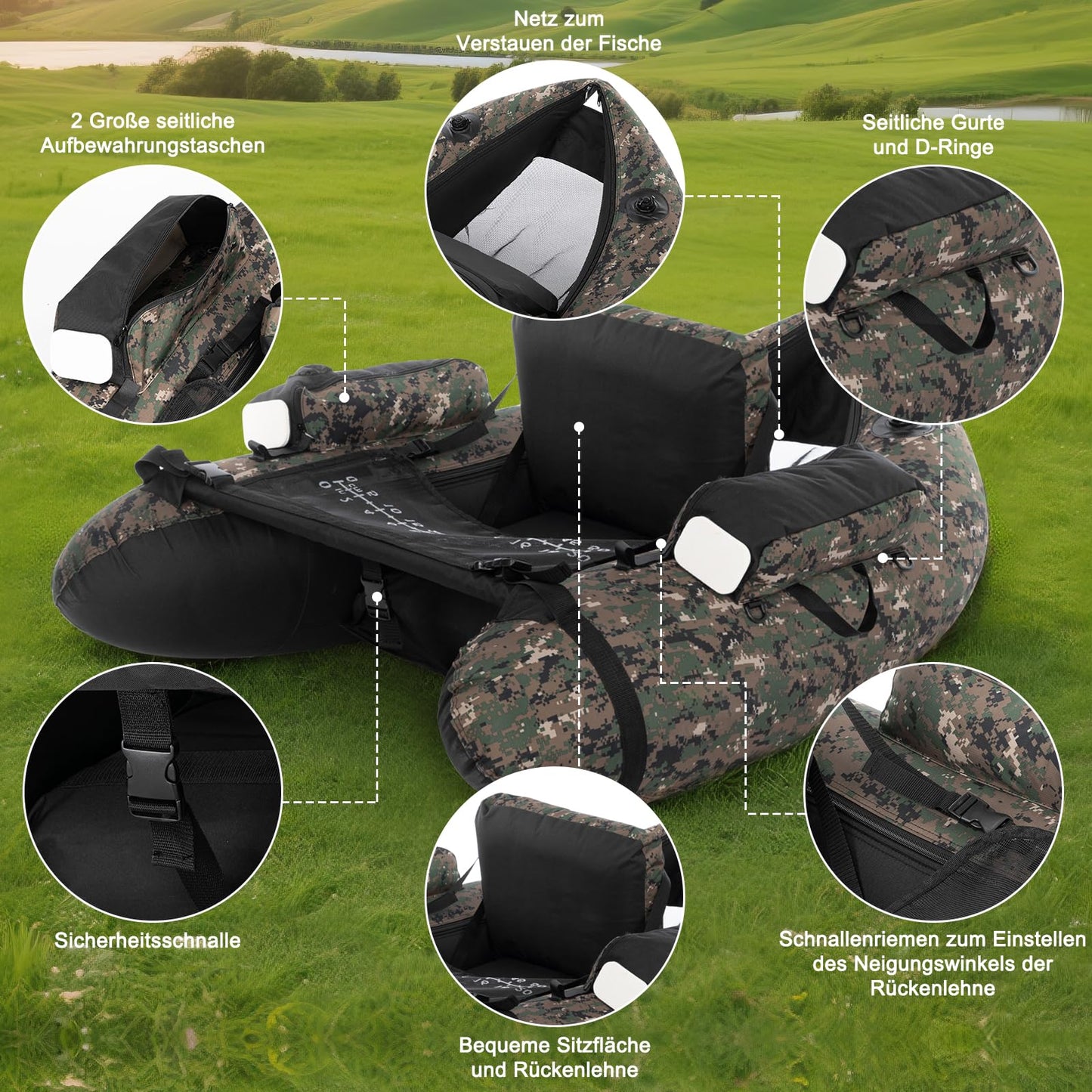 LEADZM aufblasbares Angelboot, Camouflage, 150 kg Tragkraft