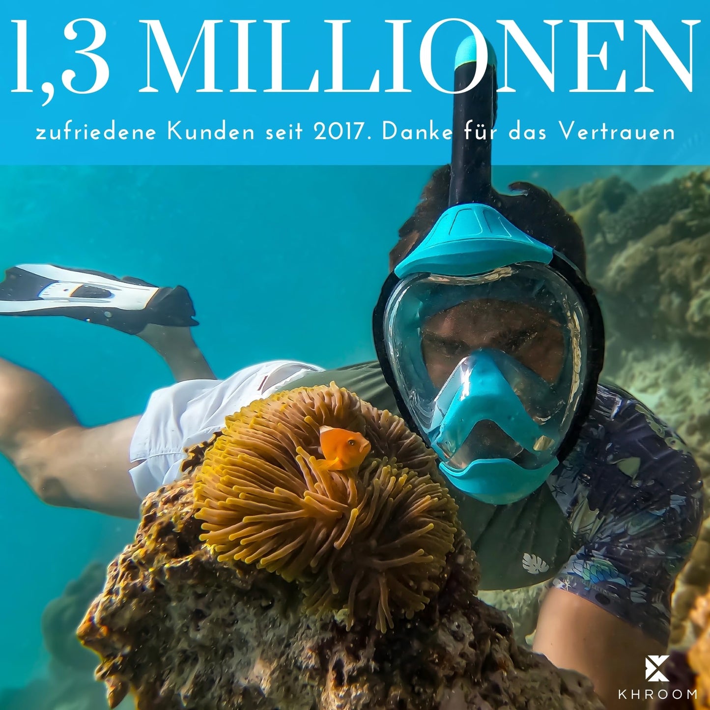 Khroom Seaview Y Vollgesichts-Schnorchelmaske, CO2-sicher, für Erwachsene und Kinder, Türkis L/XL