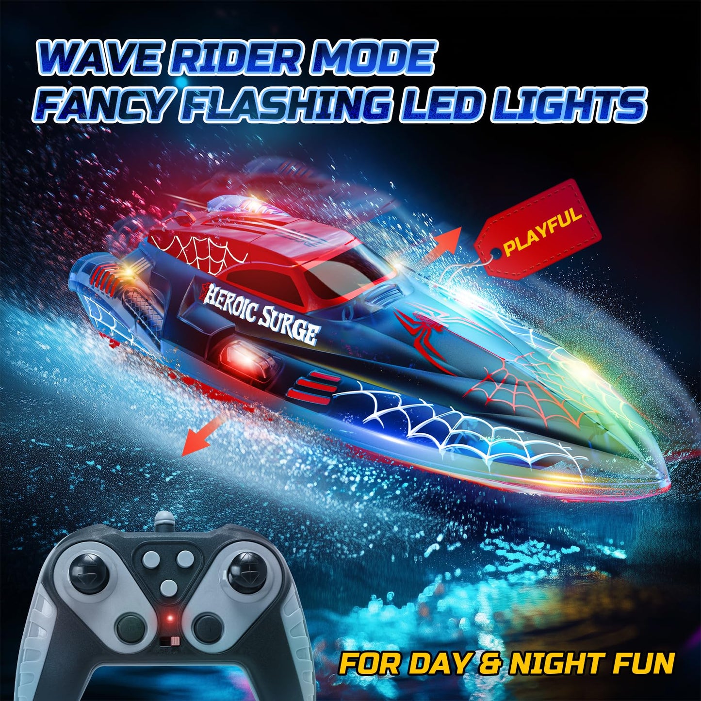 DEERC RC Boot im Spinnen-Design, mit LED-Lichtern, 2 Akkus, für Kinder 8-12 Jahre