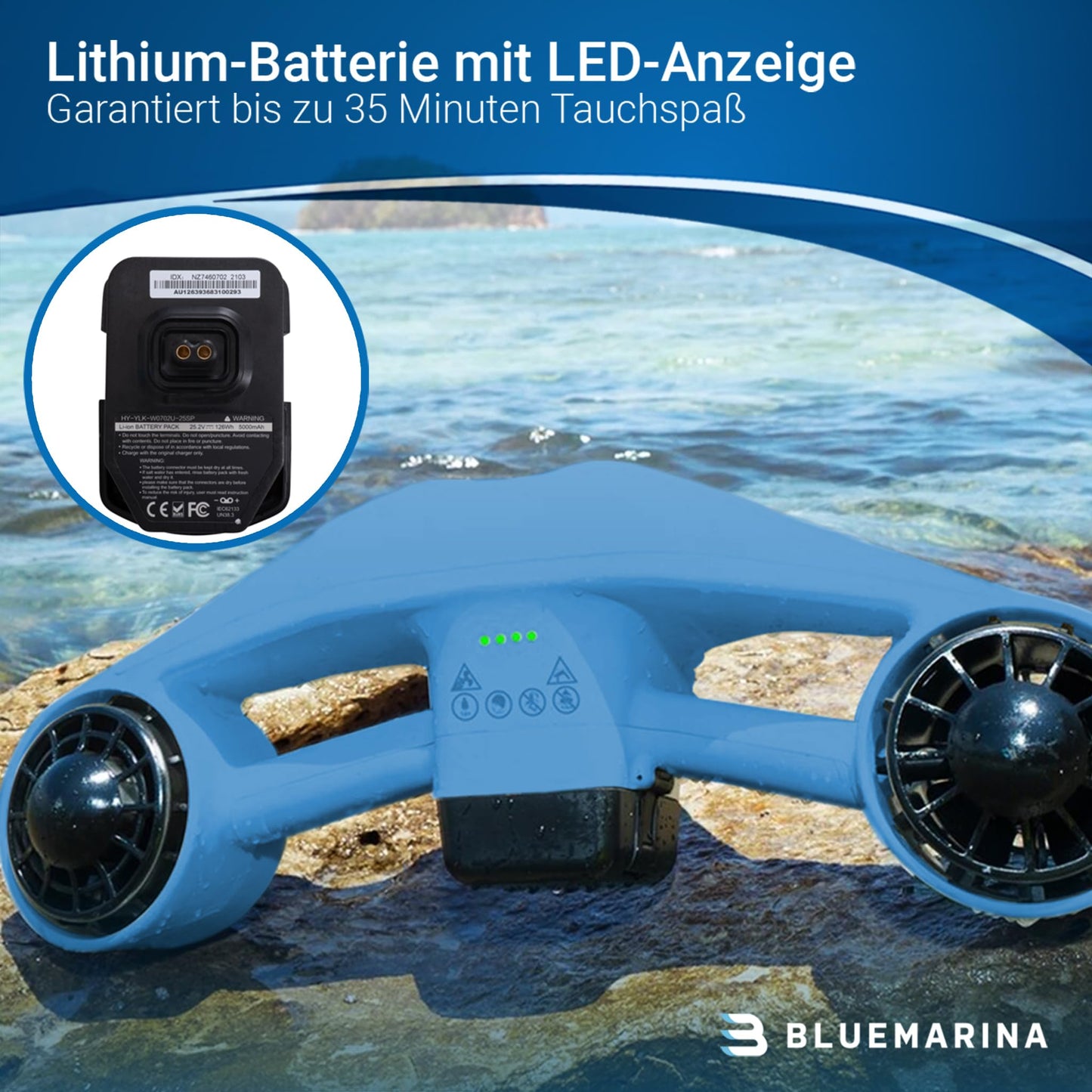 Bluemarina Orca Unterwasserscooter, 2x 500W Motoren, 5.4 km/h, 30 m Tiefe