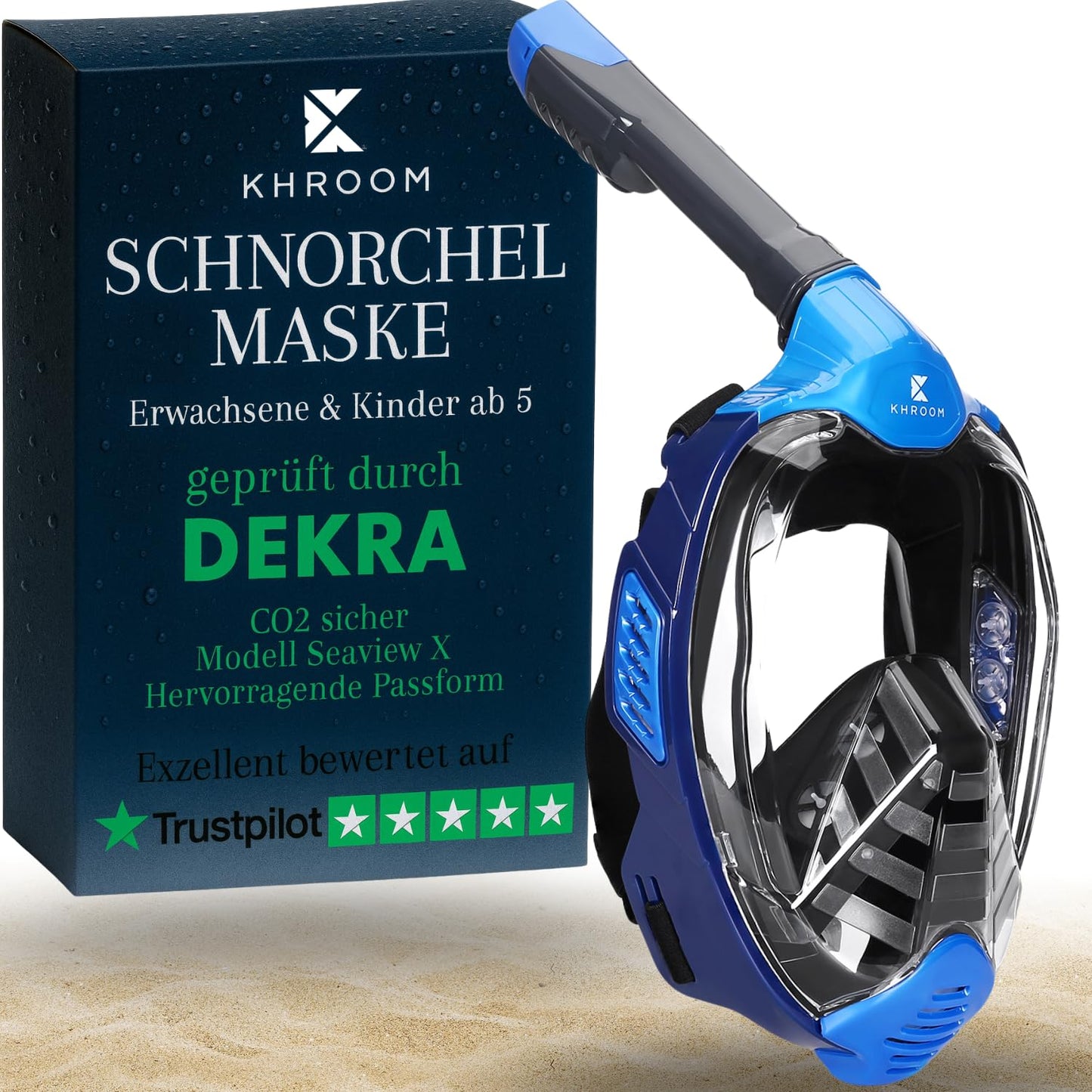 Khroom Seaview X Vollgesichts-Schnorchelmaske, DEKRA CO2-sicher, für Erwachsene und Kinder, L-XL, Blau