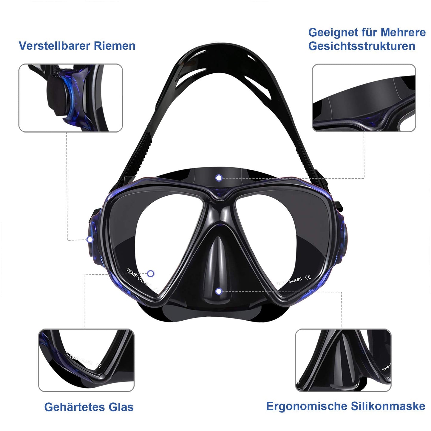 Dorlle Schnorchelset, Anti-Fog & Anti-Leck, mit Dry-Schnorchel, für Erwachsene, Schwarz/Blau