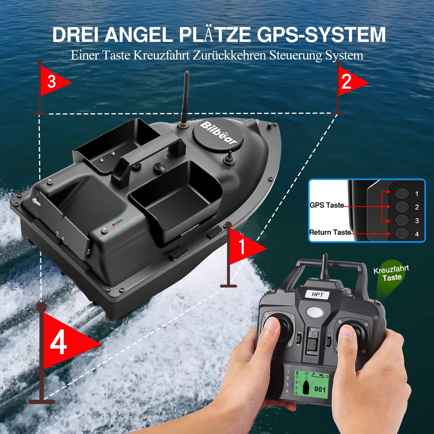 Bilbear Futterboot mit GPS, 3 Klappen und Ersatz-Akku, für Karpfenfischen, Schwarz