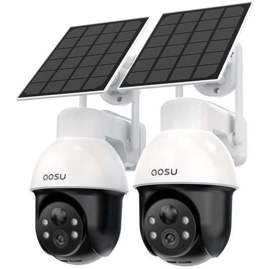 AOSU 3K/5MP Solar Security Cameras Wireless Outdoor, WiFi Camera Surveillance Exterieur for Home Security, Panoramic PTZ, Auto Tracking, Human/Vehicle Detection, Night Vision (2 Pack), SolarCam D1 SE