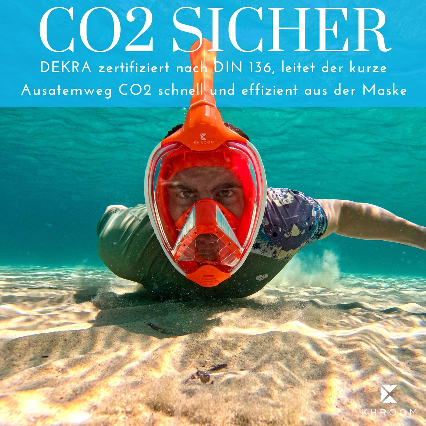 Khroom Seaview X Vollgesichts-Schnorchelmaske, DEKRA CO2-sicher, für Erwachsene und Kinder, L-XL, Blau