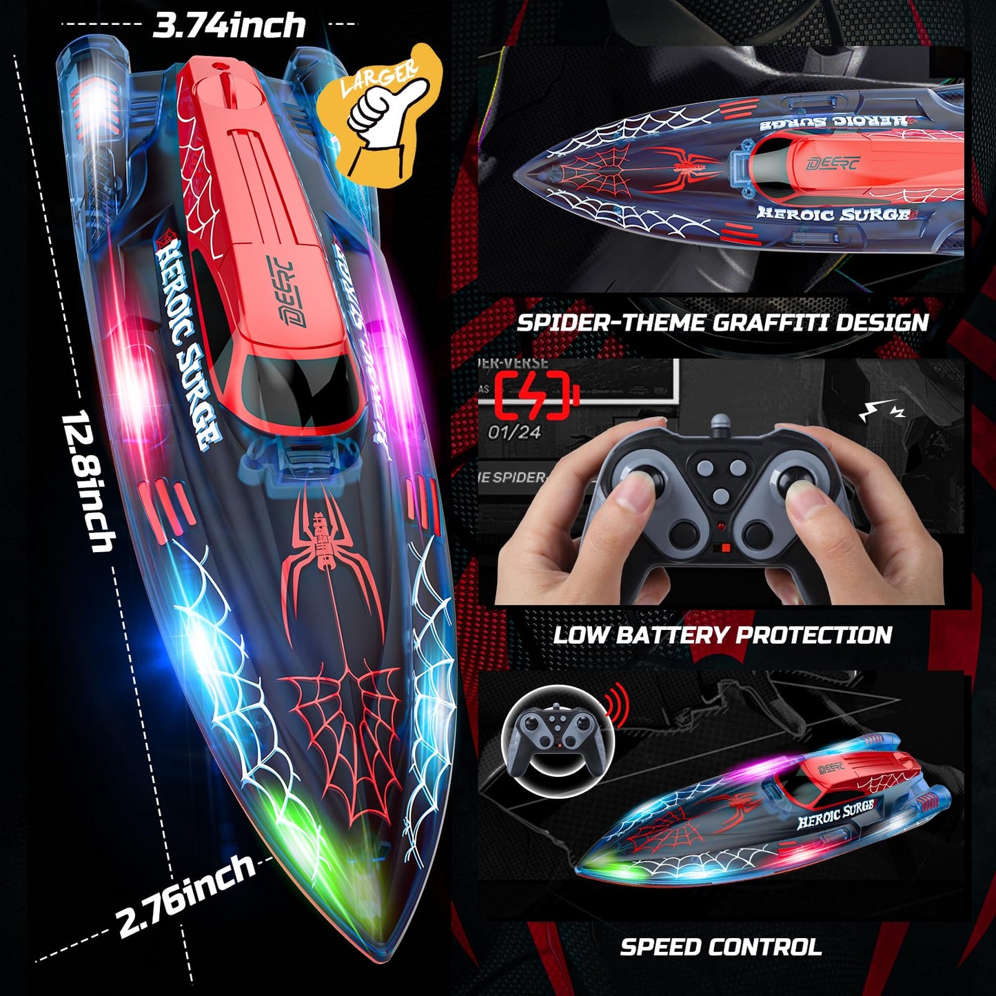 DEERC RC Boot im Spinnen-Design, mit LED-Lichtern, 2 Akkus, für Kinder 8-12 Jahre
